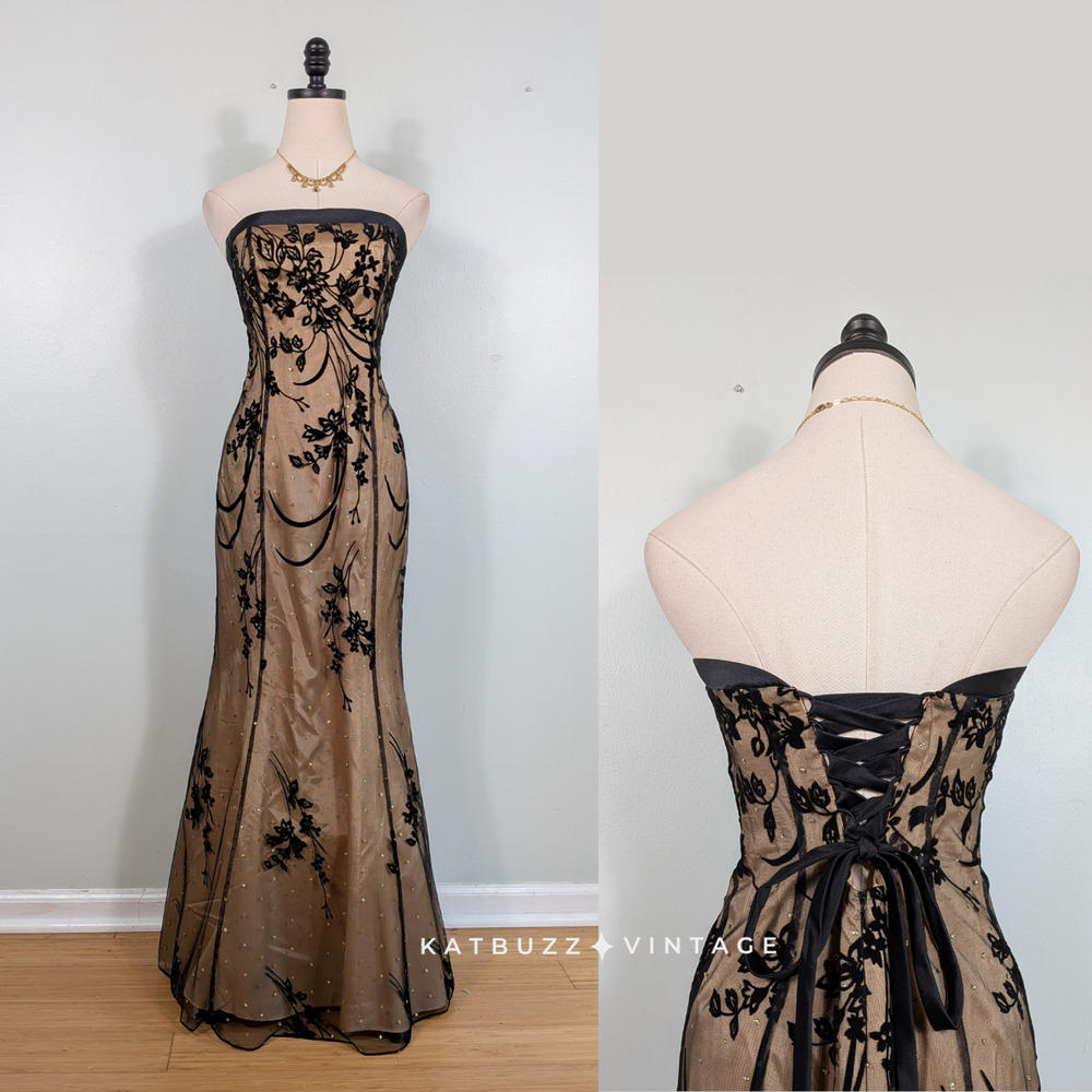 Vintage Prom Dress Maxi Gown 6 Black Tan Corset Y2K Strapless Floral Lace Glam